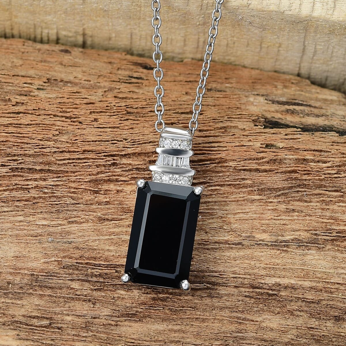 Thai Black Spinel and White Zircon 10.15 ctw Black Hole Boom Pendant Necklace 20 Inches in Stainless Steel  image number 1