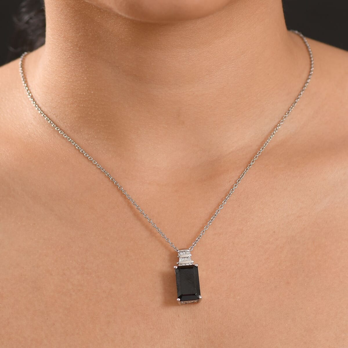 Thai Black Spinel and White Zircon 10.15 ctw Black Hole Boom Pendant Necklace 20 Inches in Stainless Steel  image number 2
