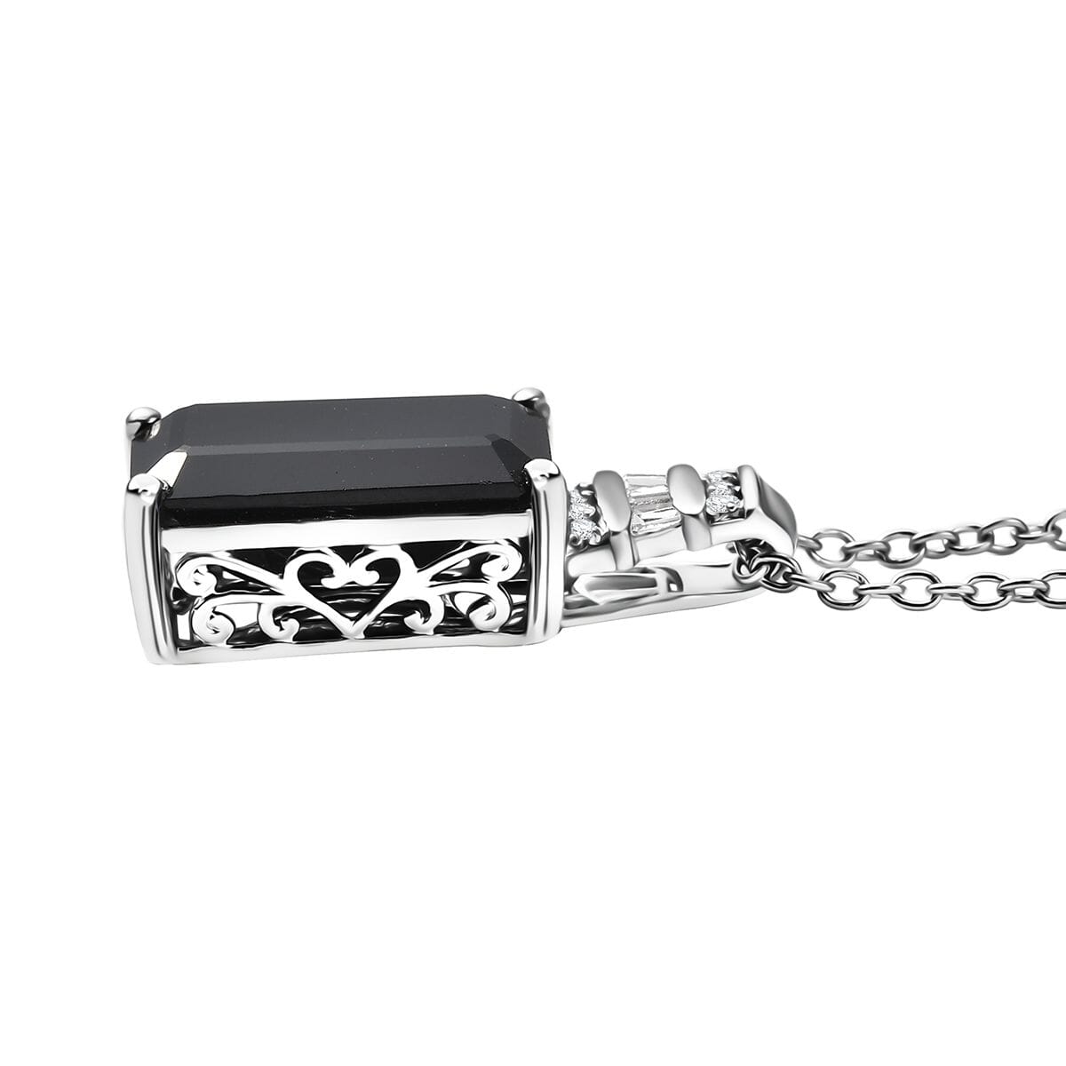Thai Black Spinel and White Zircon 10.15 ctw Black Hole Boom Pendant Necklace 20 Inches in Stainless Steel  image number 3