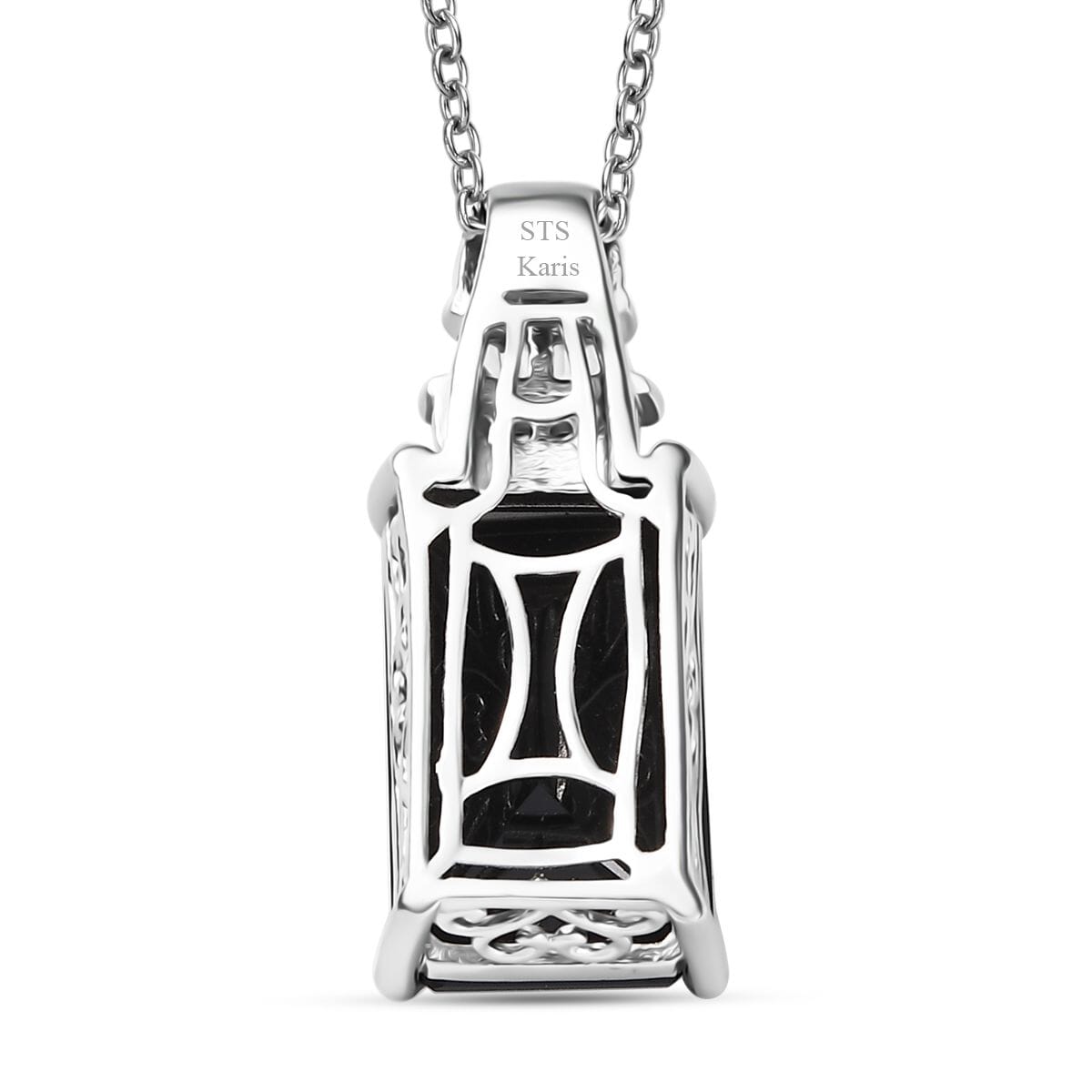 Thai Black Spinel and White Zircon 10.15 ctw Black Hole Boom Pendant Necklace 20 Inches in Stainless Steel  image number 4