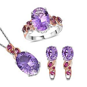 Set of 3 Karis Rose De France Amethyst and Orissa Rhodolite Garnet 16.50 ctw Earrings, Ring (Size 7.00), Pendant in 18K RG Plated and Platinum Bond with Stainless Steel Necklace 20 Inches