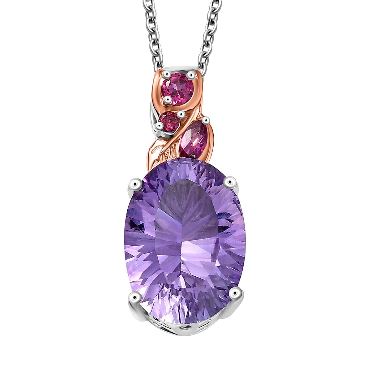 Set of 3 Karis Rose De France Amethyst and Orissa Rhodolite Garnet 16.50 ctw Earrings, Ring (Size 7.00), Pendant in 18K RG Plated and Platinum Bond with Stainless Steel Necklace 20 Inches image number 6