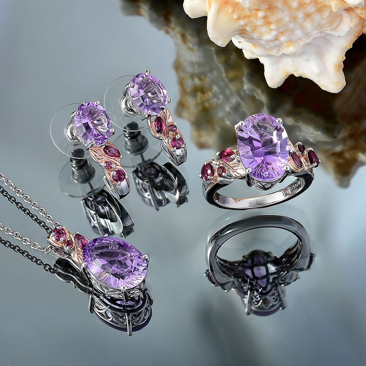 Set of 3 Karis Rose De France Amethyst and Orissa Rhodolite Garnet 16.50 ctw Earrings, Ring (Size 10.00), Pendant in 18K RG Plated and Platinum Bond with Stainless Steel Necklace 20 Inches image number 1