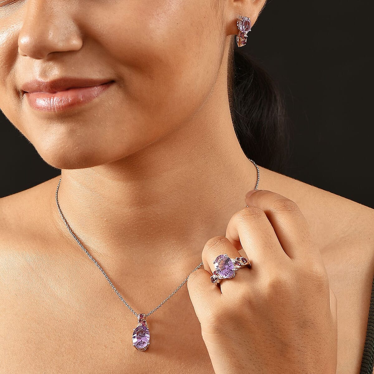 Set of 3 Karis Rose De France Amethyst and Orissa Rhodolite Garnet 16.50 ctw Earrings, Ring (Size 10.00), Pendant in 18K RG Plated and Platinum Bond with Stainless Steel Necklace 20 Inches image number 2