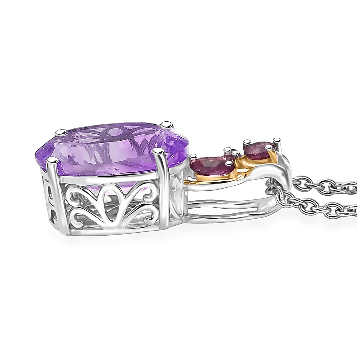 Set of 3 Karis Rose De France Amethyst and Orissa Rhodolite Garnet 16.50 ctw Earrings, Ring (Size 10.00), Pendant in 18K RG Plated and Platinum Bond with Stainless Steel Necklace 20 Inches image number 7
