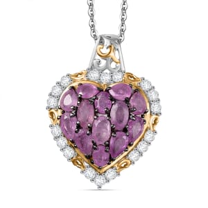 Ilakaka Hot Pink Sapphire (FF) and White Zircon 4.35 ctw Blushing Heart Pendant Necklace in 18K Vermeil YG and Rhodium Over Sterling Silver 20 Inches