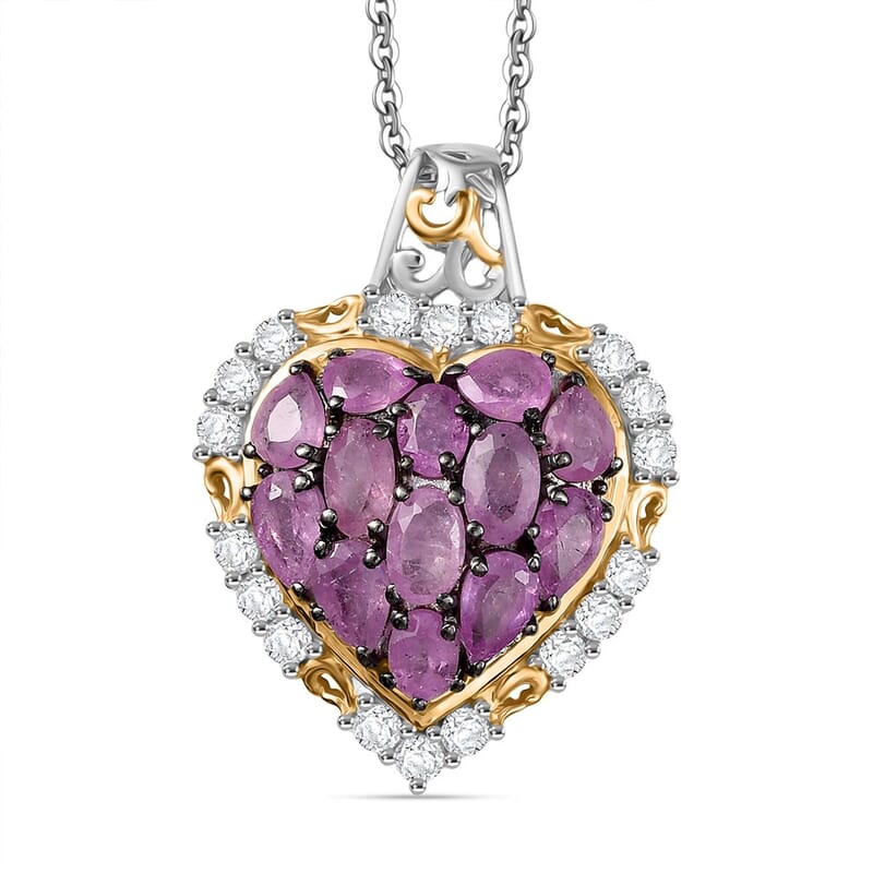 D'Joy Ilakaka Hot Pink Sapphire (FF) and White Zircon 4.35 ctw Blushing Heart Pendant Necklace in 18K Vermeil YG and Rhodium Over Sterling Silver 20 Inches