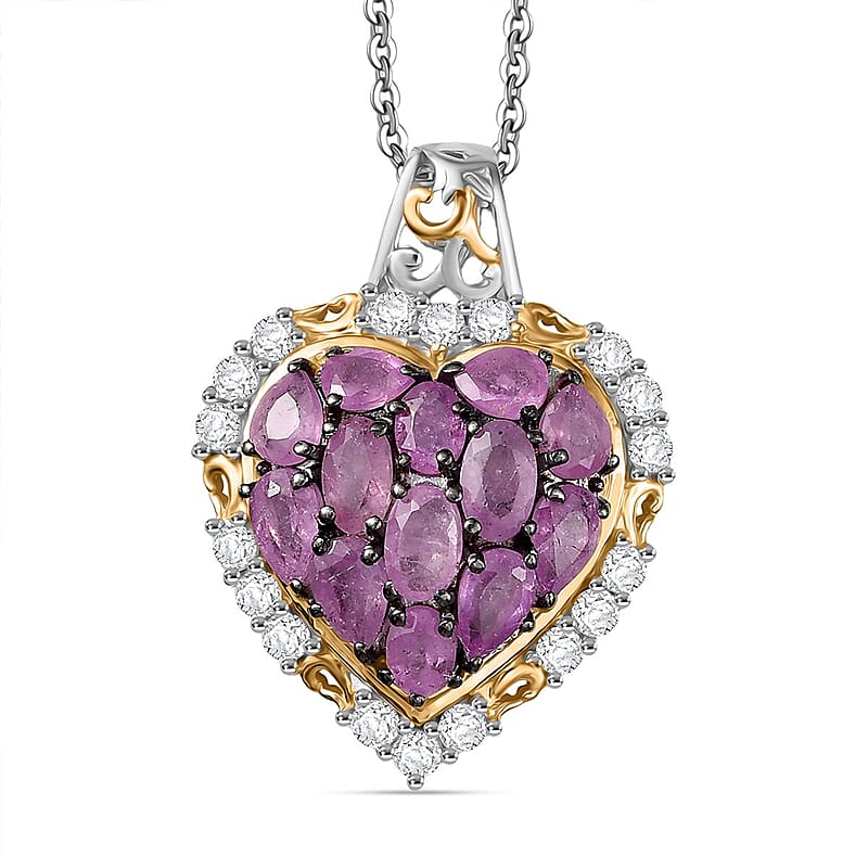 D'Joy Ilakaka Hot Pink Sapphire (FF) and White Zircon 4.35 ctw Blushing Heart Pendant Necklace in 18K Vermeil YG and Rhodium Over Sterling Silver 20 Inches