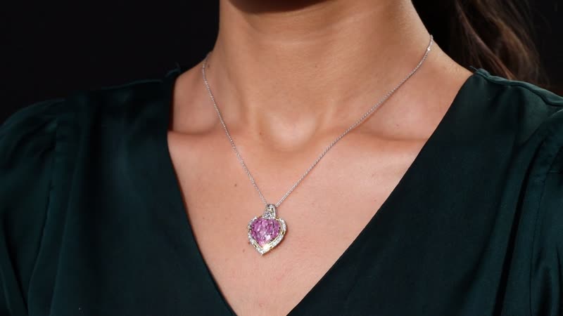 D'Joy Ilakaka Hot Pink Sapphire (FF) and White Zircon 4.35 ctw Blushing Heart Pendant Necklace in 18K Vermeil YG and Rhodium Over Sterling Silver 20 Inches