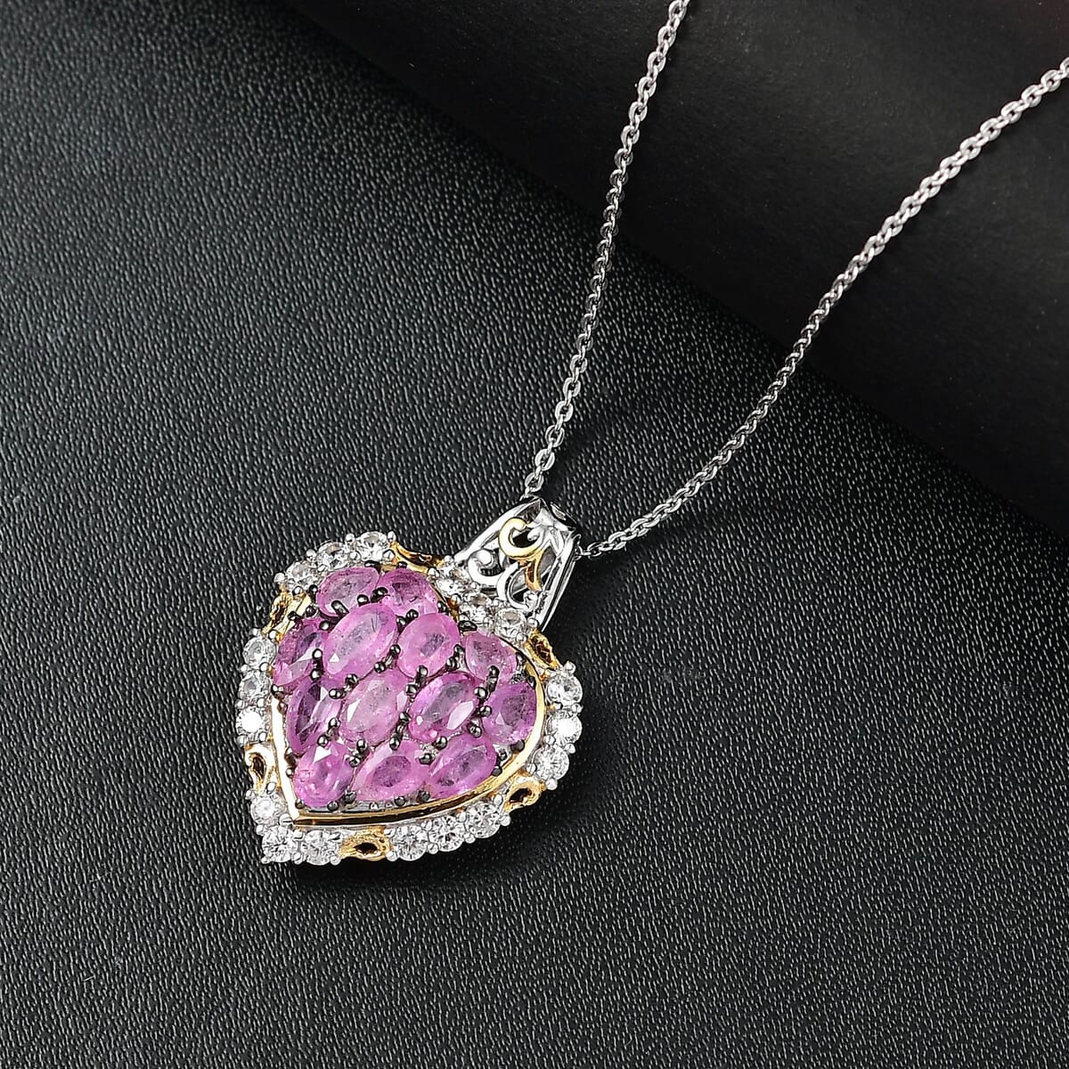 Ilakaka Hot Pink Sapphire (FF) and White Zircon 4.35 ctw Blushing Heart Pendant Necklace in 18K Vermeil YG and Rhodium Over Sterling Silver 20 Inches image number 1
