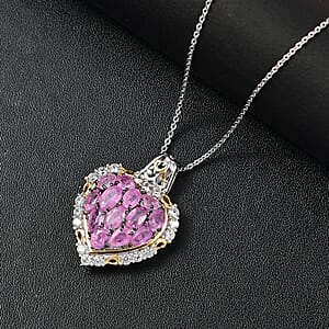 D'Joy Ilakaka Hot Pink Sapphire (FF) and White Zircon 4.35 ctw Blushing Heart Pendant Necklace in 18K Vermeil YG and Rhodium Over Sterling Silver 20 Inches