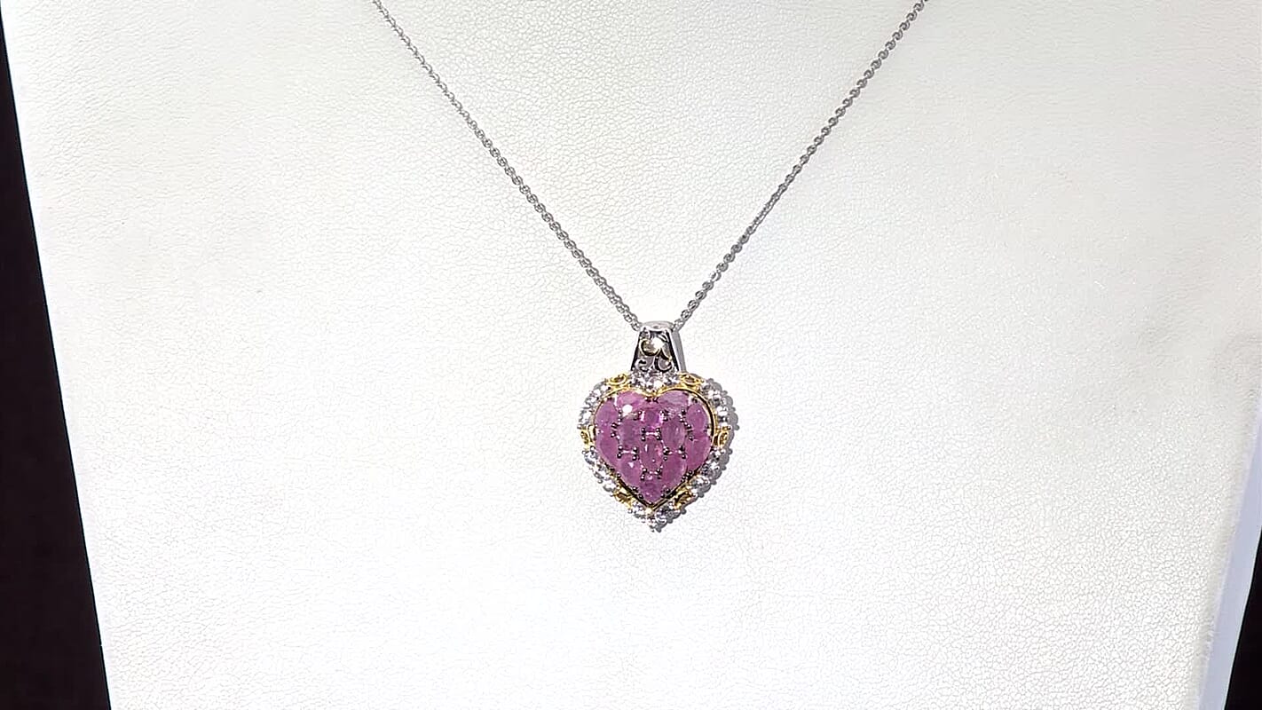 D'Joy Ilakaka Hot Pink Sapphire (FF) and White Zircon 4.35 ctw Blushing Heart Pendant Necklace in 18K Vermeil YG and Rhodium Over Sterling Silver 20 Inches