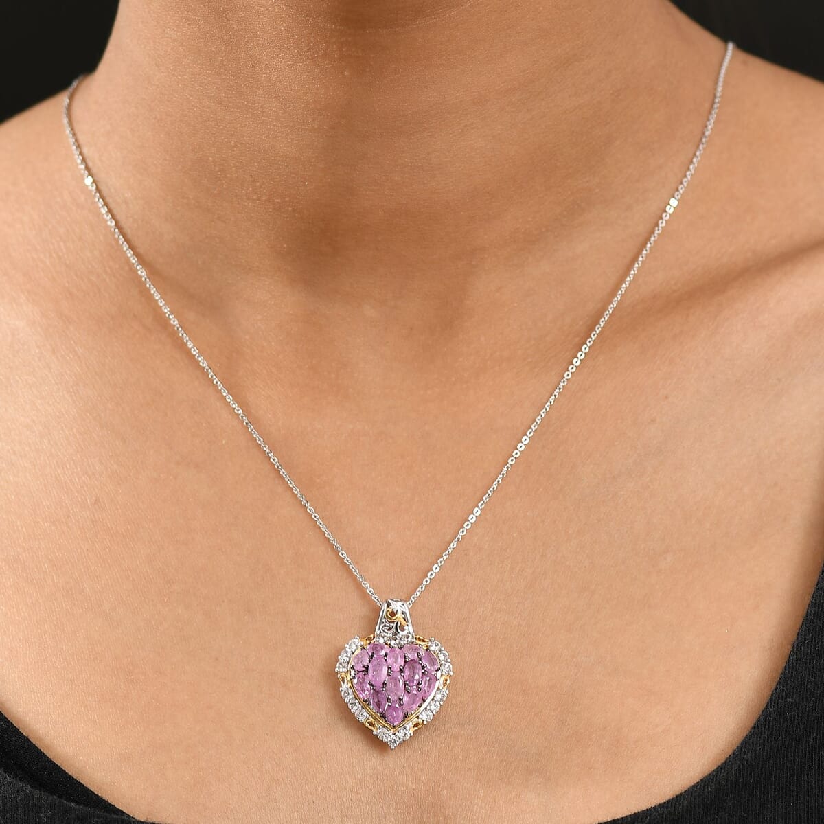 Ilakaka Hot Pink Sapphire (FF) and White Zircon 4.35 ctw Blushing Heart Pendant Necklace in 18K Vermeil YG and Rhodium Over Sterling Silver 20 Inches image number 2
