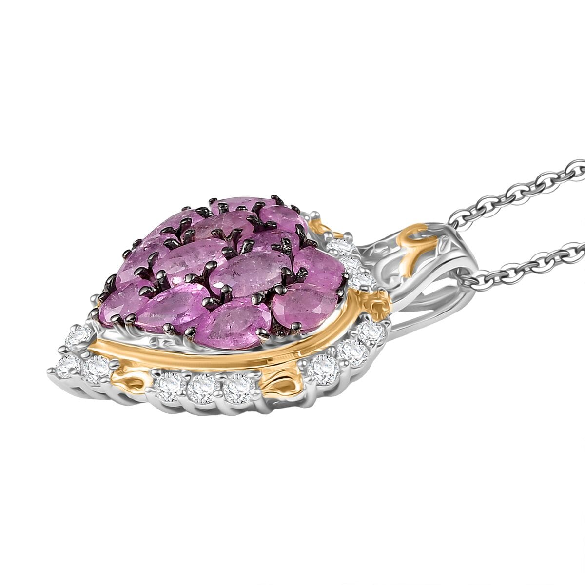 Ilakaka Hot Pink Sapphire (FF) and White Zircon 4.35 ctw Blushing Heart Pendant Necklace in 18K Vermeil YG and Rhodium Over Sterling Silver 20 Inches image number 3