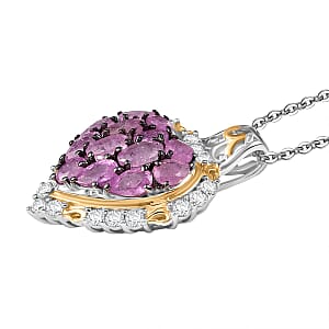 D'Joy Ilakaka Hot Pink Sapphire (FF) and White Zircon 4.35 ctw Blushing Heart Pendant Necklace in 18K Vermeil YG and Rhodium Over Sterling Silver 20 Inches