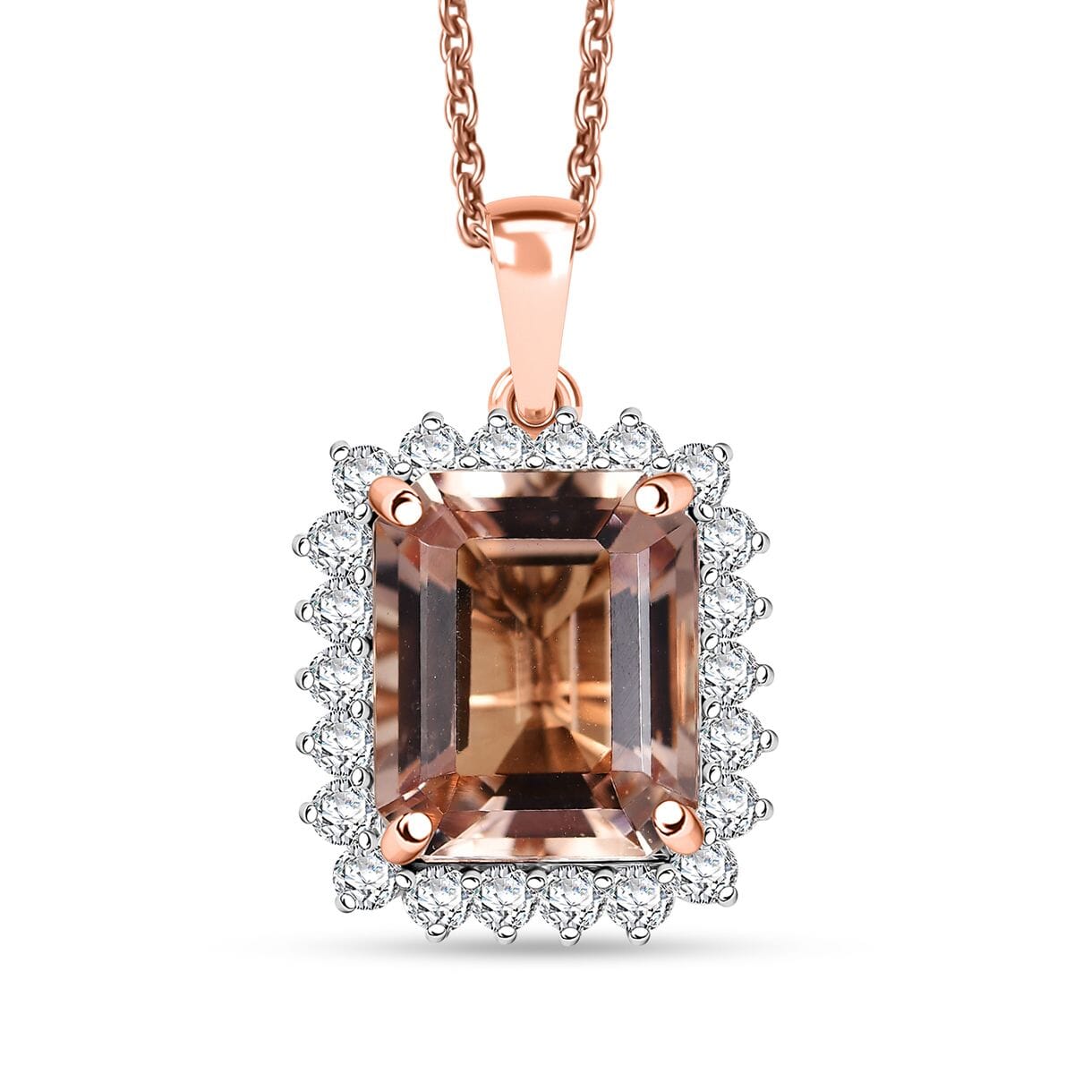 Certified & Appraised Luxoro AAA Marropino Morganite and G-H I2 Diamond 6.43 ctw Pendant Necklace in 10K Rose Gold 20 Inches (Del. in 10-15 Days) image number 0