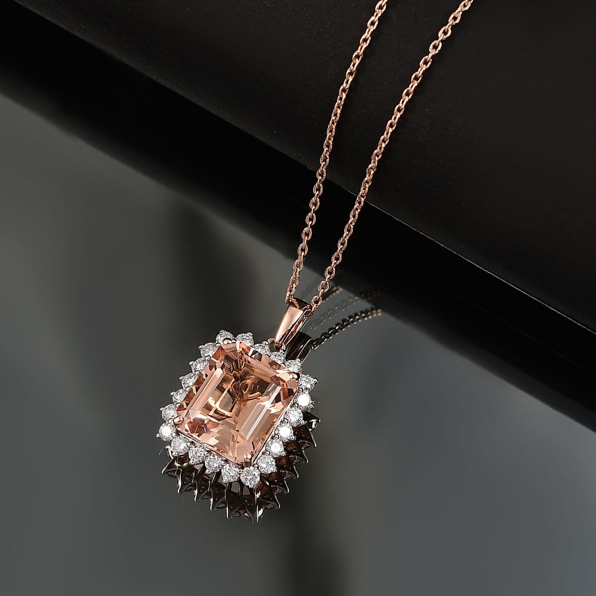 Certified & Appraised Luxoro AAA Marropino Morganite and G-H I2 Diamond 6.43 ctw Pendant Necklace in 10K Rose Gold 20 Inches (Del. in 10-15 Days) image number 1