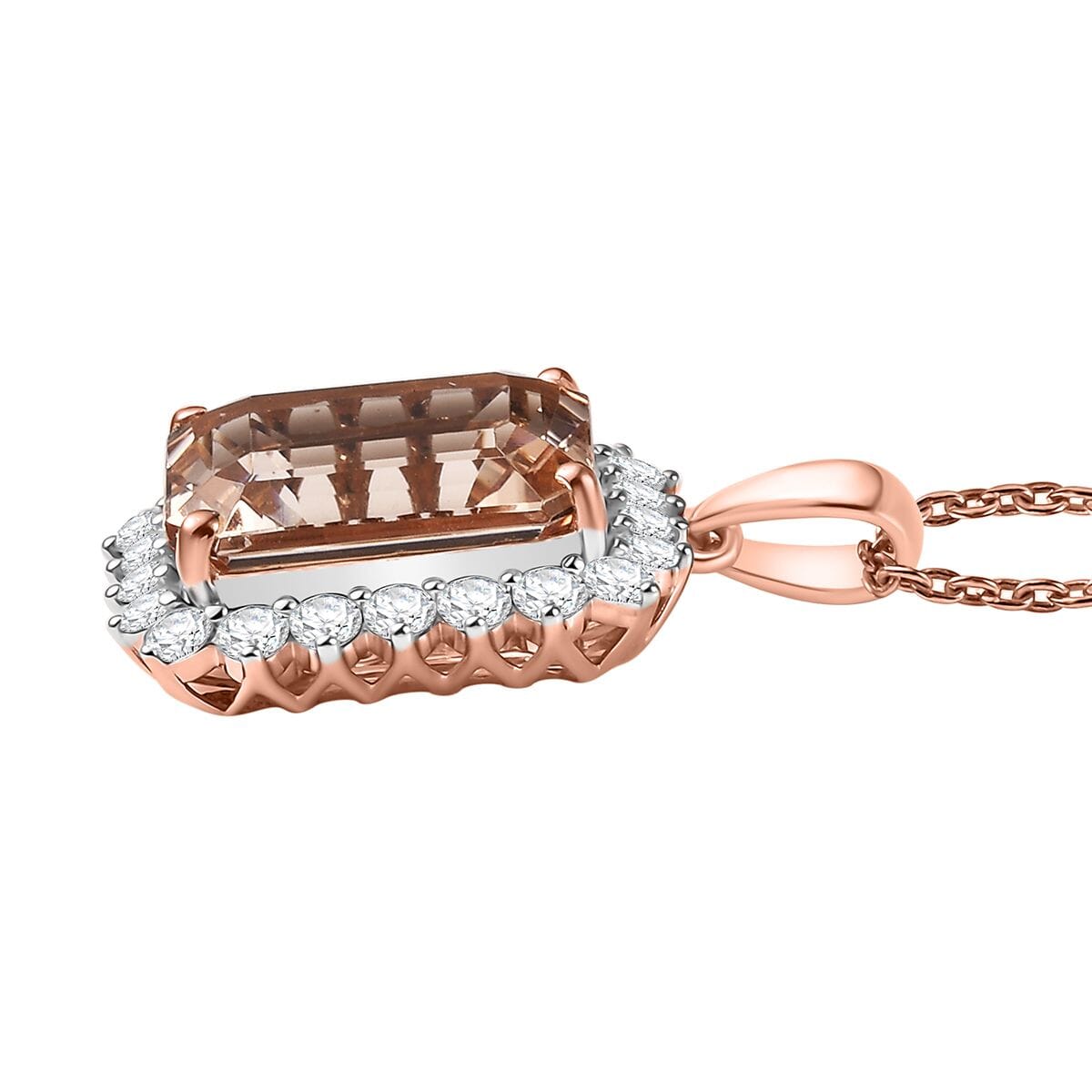 Certified & Appraised Luxoro AAA Marropino Morganite and G-H I2 Diamond 6.43 ctw Pendant Necklace in 10K Rose Gold 20 Inches (Del. in 10-15 Days) image number 3