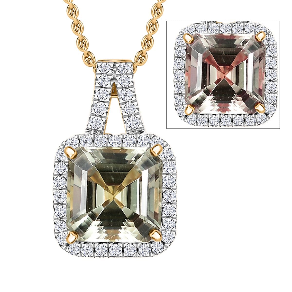 Certified & Appraised Luxoro AAA Asscher Cut Turkizite and G-H I2 Diamond 4.57 ctw Pendant Necklace in 14K Yellow Gold 20 Inches (Del. in 10-15 Days) image number 0
