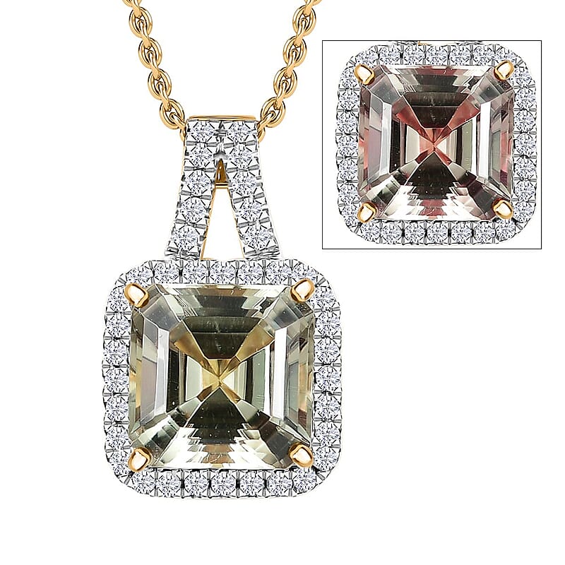 Certified and Appraised Luxoro 14K Yellow Gold AAA Asscher Cut Turkizite and Diamond G-H I2 4.60 ctw Pendant Necklace 20 Inches