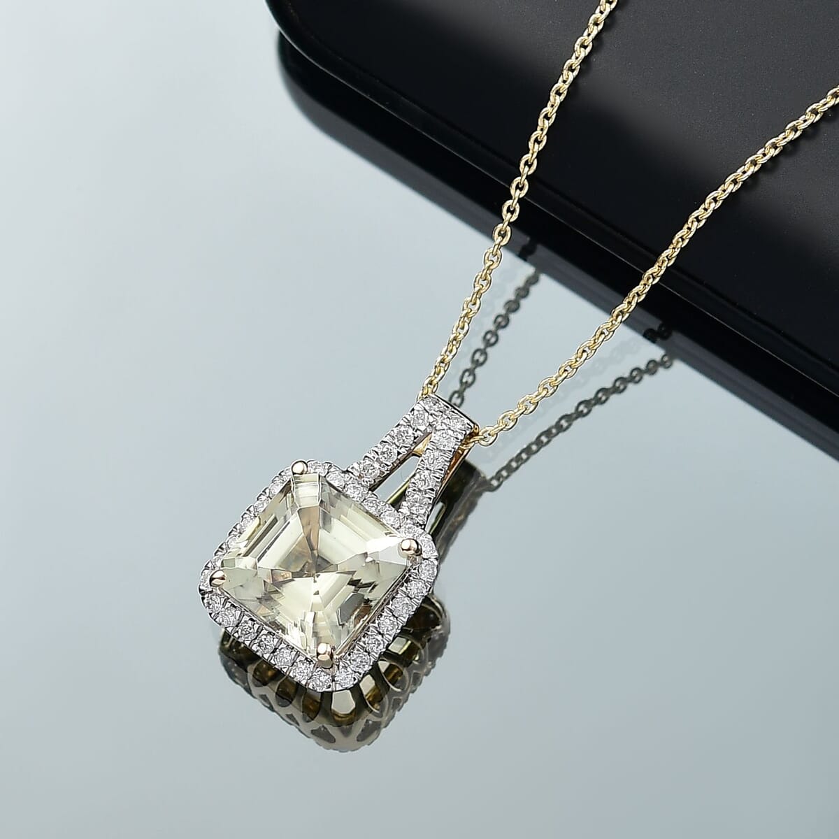 Certified & Appraised Luxoro AAA Asscher Cut Turkizite and G-H I2 Diamond 4.57 ctw Pendant Necklace in 14K Yellow Gold 20 Inches (Del. in 10-15 Days) image number 1