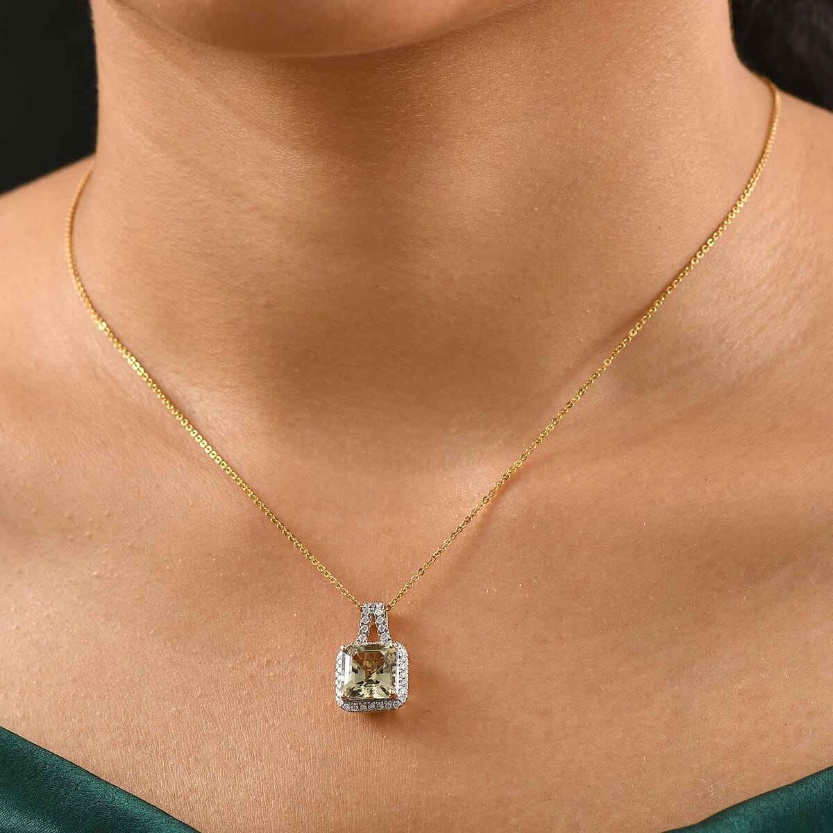Certified & Appraised Luxoro AAA Asscher Cut Turkizite and G-H I2 Diamond 4.57 ctw Pendant Necklace in 14K Yellow Gold 20 Inches (Del. in 10-15 Days) image number 2
