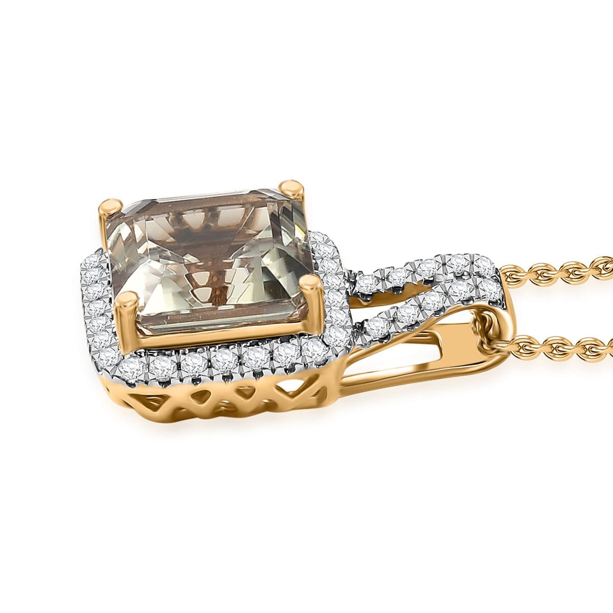 Certified & Appraised Luxoro AAA Asscher Cut Turkizite and G-H I2 Diamond 4.57 ctw Pendant Necklace in 14K Yellow Gold 20 Inches (Del. in 10-15 Days) image number 3
