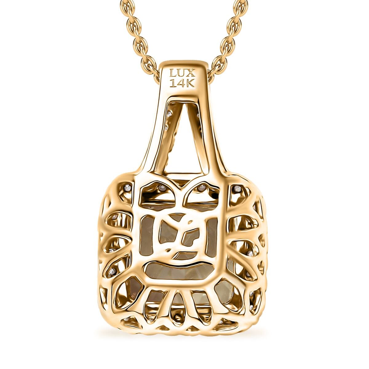 Certified & Appraised Luxoro AAA Asscher Cut Turkizite and G-H I2 Diamond 4.57 ctw Pendant Necklace in 14K Yellow Gold 20 Inches (Del. in 10-15 Days) image number 4