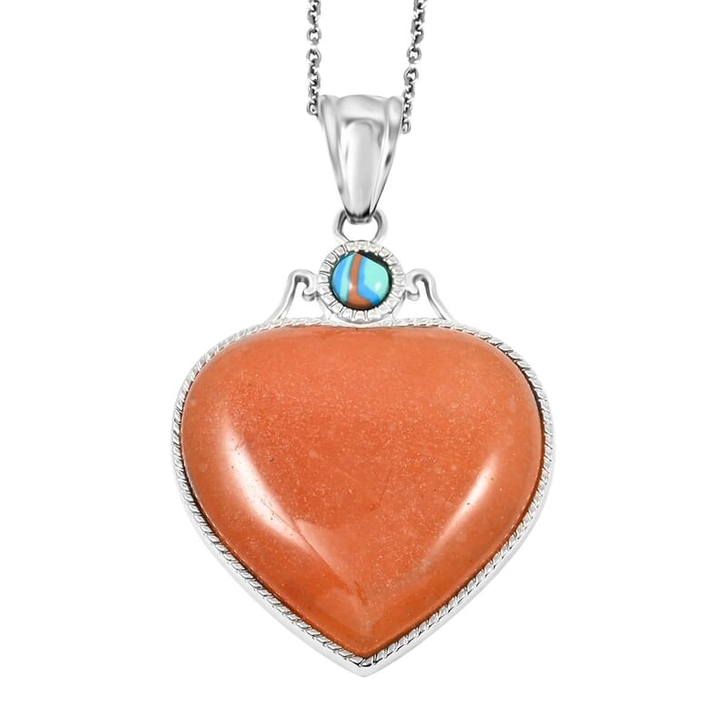 Red Aventurine and Multi Gemstone 35.50 ctw Heart Pendant Necklace in Silvertone 20 Inches