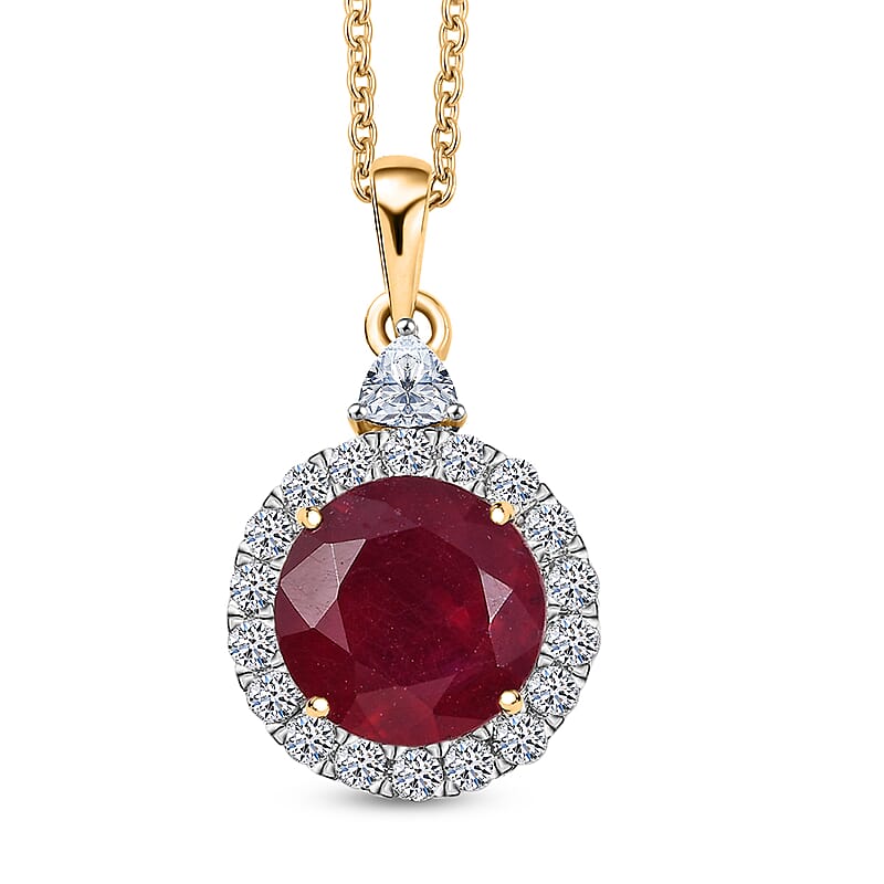 AAA Niassa Ruby (FF) and Luxuriant Lab Grown Diamond E-F VS 8.77 ctw Pendant Necklace in 10K Yellow Gold 20 Inches