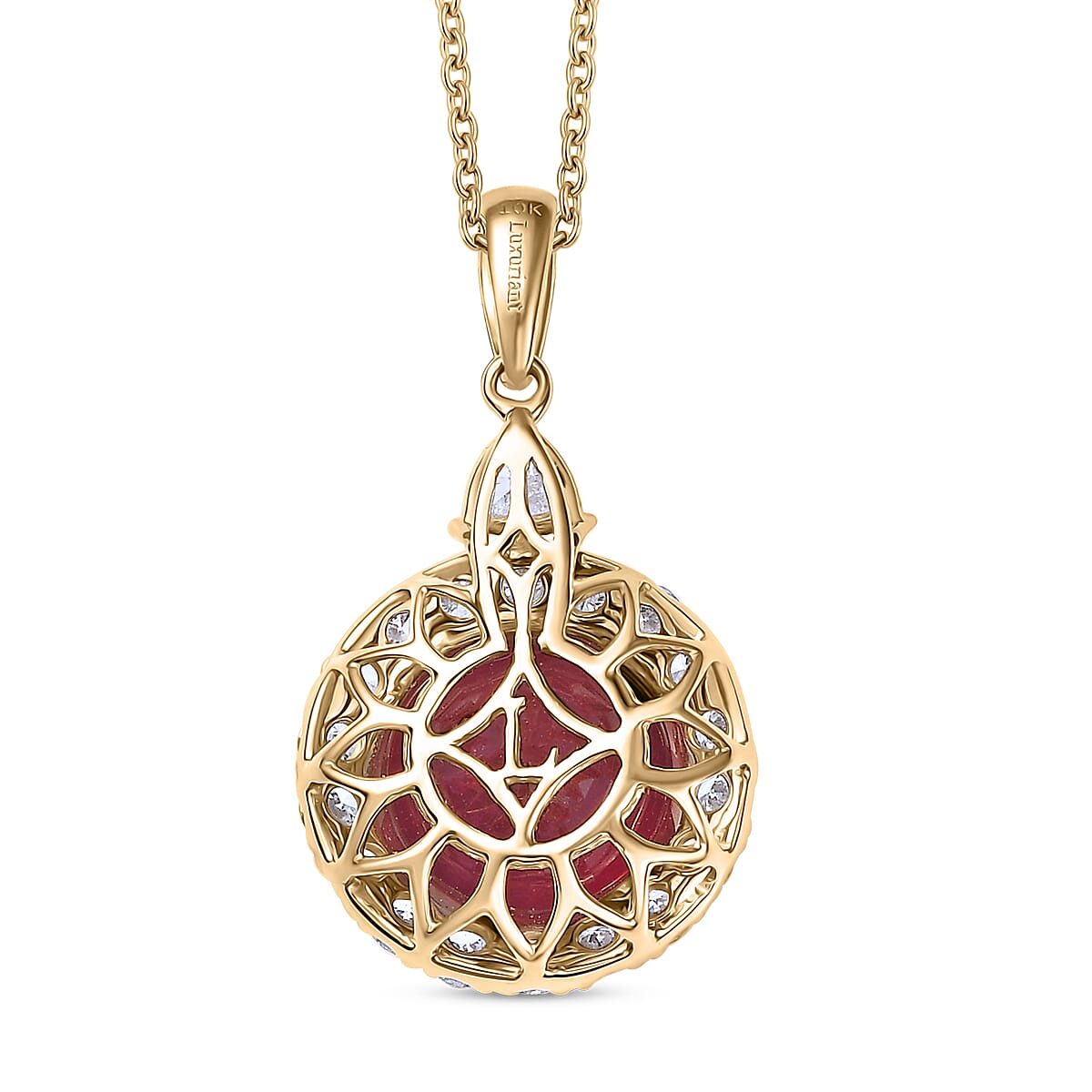 AAA Niassa Ruby (FF) and Luxuriant Lab Grown Diamond E-F VS 8.77 ctw Pendant Necklace in 10K Yellow Gold 20 Inches