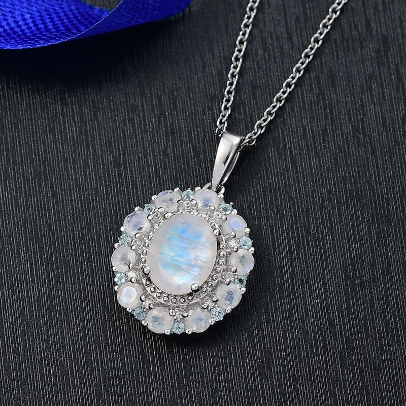 Karis Moon Glow Moonstone and Multi Gemstone 4.00 ctw Celestial Orbit Pendant in Platinum Bond with Stainless Steel Necklace 20 Inches
