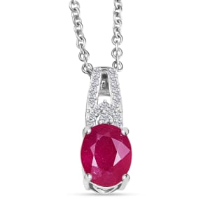 D'Joy Niassa Ruby (FF) and White Zircon 2.80 ctw Pendant Necklace 20 Inches in Rhodium Over Sterling Silver
