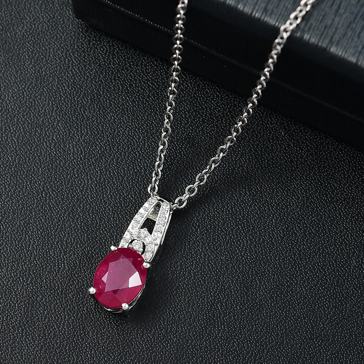 D'Joy Niassa Ruby (FF) and White Zircon 2.80 ctw Pendant Necklace 20 Inches in Rhodium Over Sterling Silver image number 1