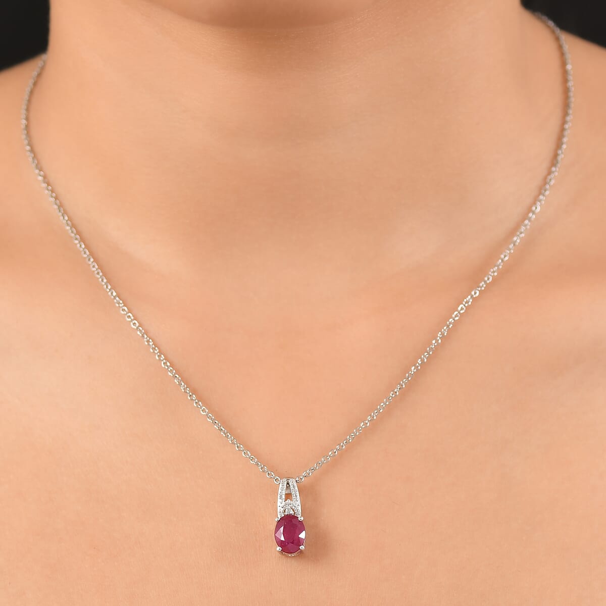 D'Joy Niassa Ruby (FF) and White Zircon 2.80 ctw Pendant Necklace 20 Inches in Rhodium Over Sterling Silver image number 2