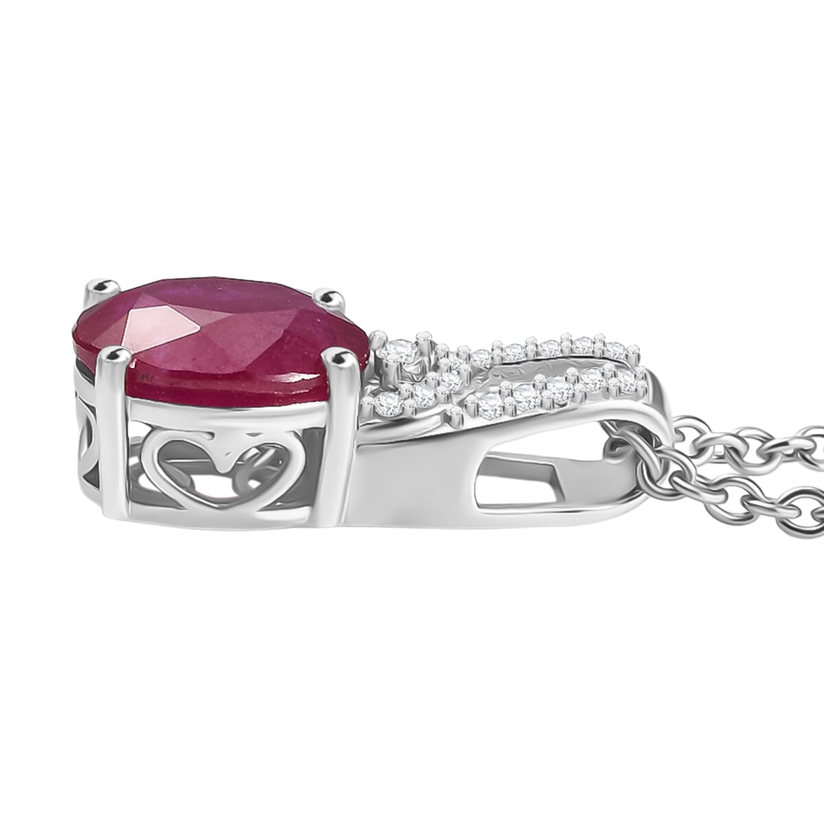 D'Joy Niassa Ruby (FF) and White Zircon 2.80 ctw Pendant Necklace 20 Inches in Rhodium Over Sterling Silver image number 3