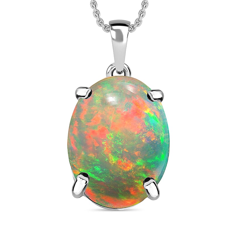 Rhapsody AAAA Ethiopian Welo Opal 5.00 ctw Solitaire Pendant Necklace 20 Inches in 18K White Gold