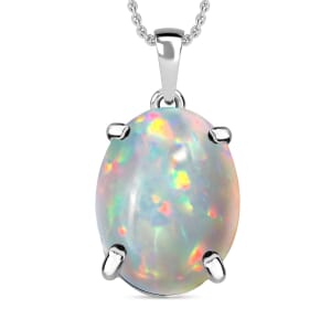 Iliana AAA Ethiopian Welo Opal 5.00 ctw Solitaire Pendant Necklace 20 Inches in 18K White Gold