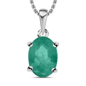 Kagem Zambian Emerald Solitaire Pendant Necklace 20 Inches in Platinum Over Sterling Silver 0.80 ctw