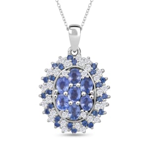 Premium Ceylon Blue Sapphire and Moissanite 2.40 ctw Celestial Crown Pendant Necklace in Rhodium Over Sterling Silver 20 Inches