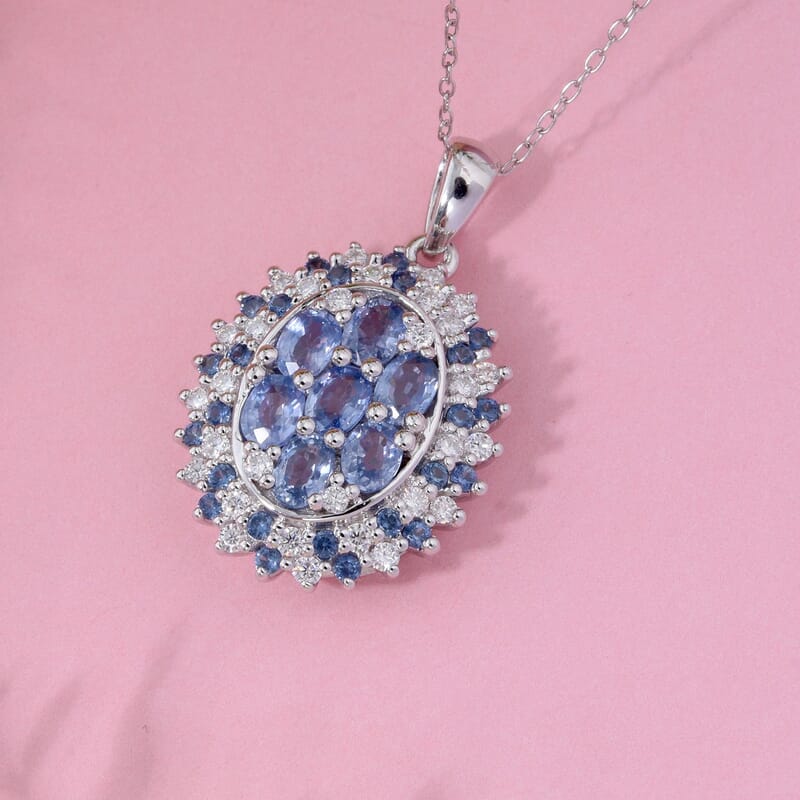Premium Ceylon Blue Sapphire and Moissanite 2.40 ctw Celestial Crown Pendant Necklace in Rhodium Over Sterling Silver 20 Inches