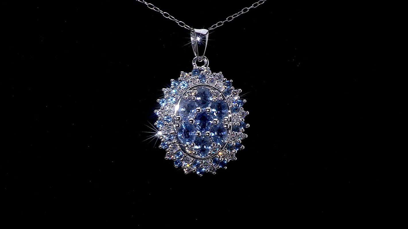 Premium Ceylon Blue Sapphire and Moissanite 2.40 ctw Celestial Crown Pendant Necklace in Rhodium Over Sterling Silver 20 Inches