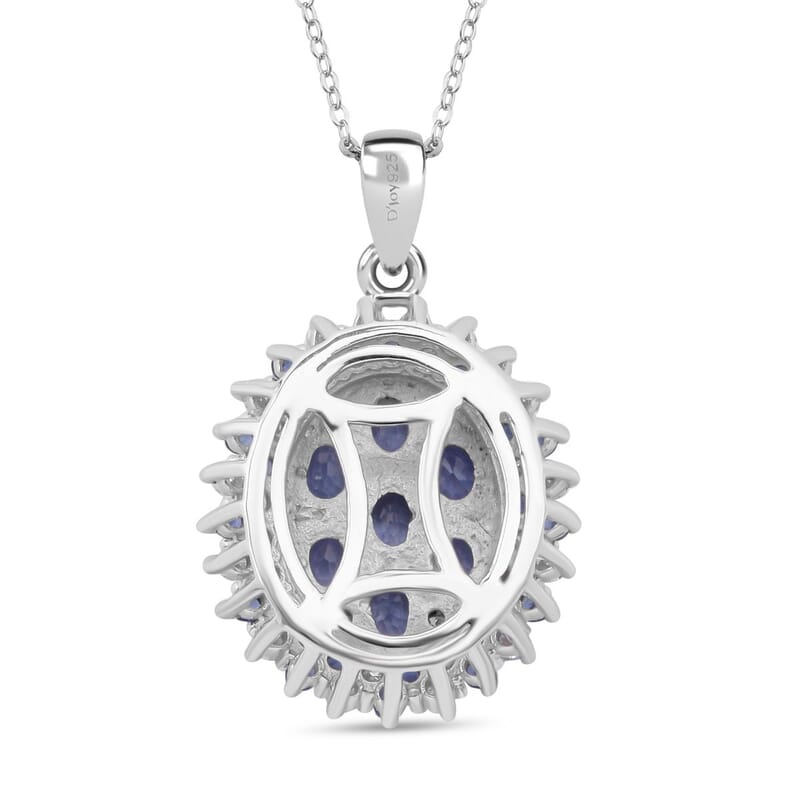 Premium Ceylon Blue Sapphire and Moissanite 2.40 ctw Celestial Crown Pendant Necklace in Rhodium Over Sterling Silver 20 Inches