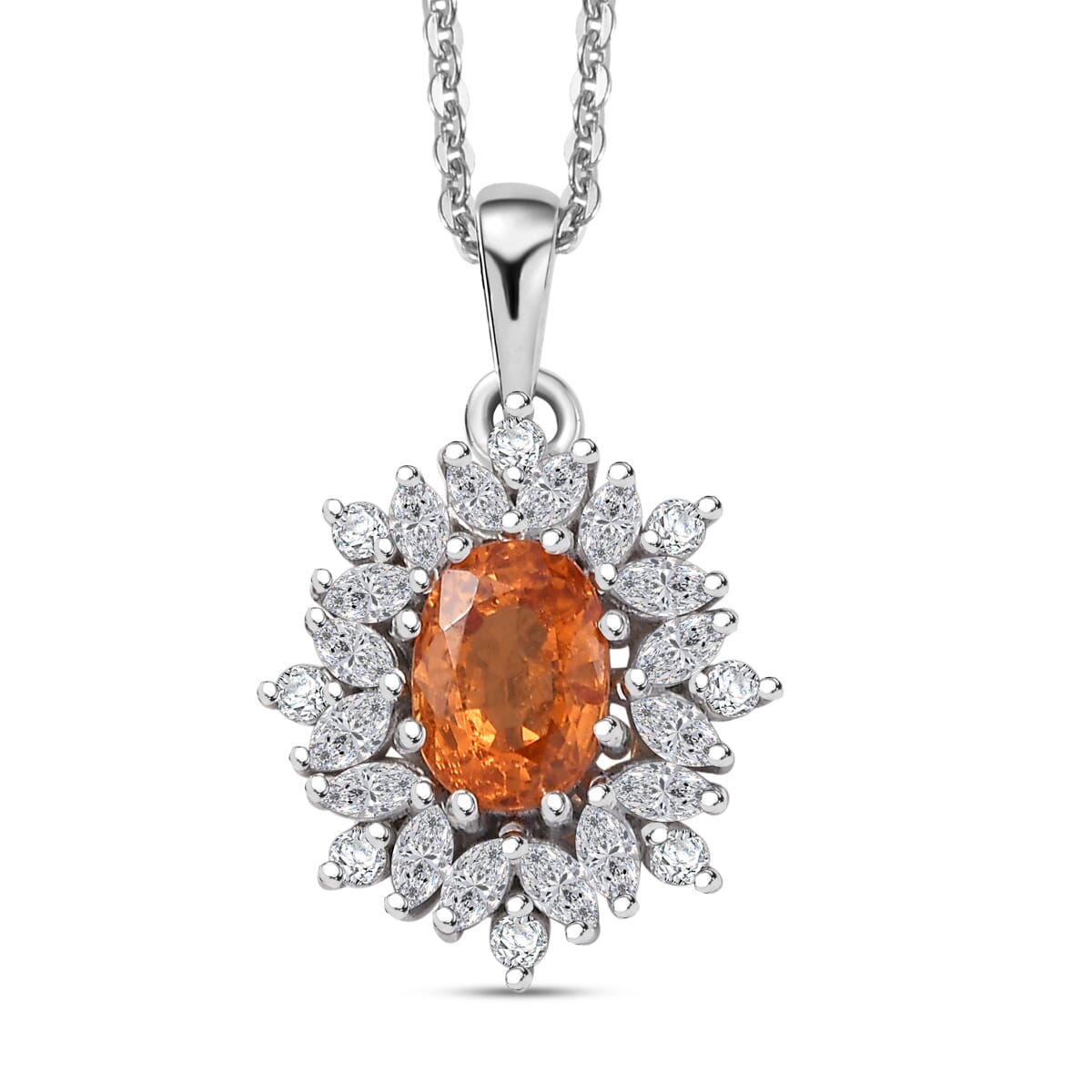 D'Joy Premium Tanzanian Mandarin Garnet and White Zircon 2.00 ctw Bloomfire Pendant Necklace 20 Inches in Rhodium Over Sterling Silver  image number 0