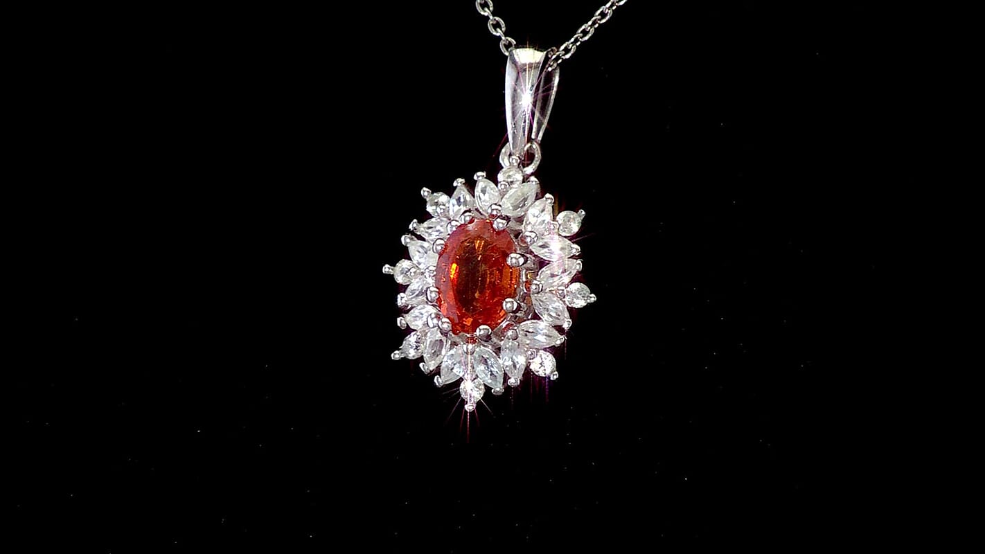 D'Joy Premium Tanzanian Mandarin Garnet and White Zircon 2.00 ctw Bloomfire Pendant Necklace 20 Inches in Rhodium Over Sterling Silver