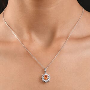 D'Joy Premium Tanzanian Mandarin Garnet and White Zircon 2.00 ctw Bloomfire Pendant Necklace 20 Inches in Rhodium Over Sterling Silver 