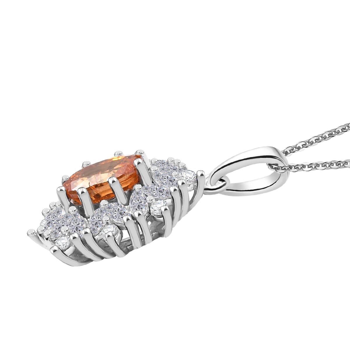 D'Joy Premium Tanzanian Mandarin Garnet and White Zircon 2.00 ctw Bloomfire Pendant Necklace 20 Inches in Rhodium Over Sterling Silver  image number 2