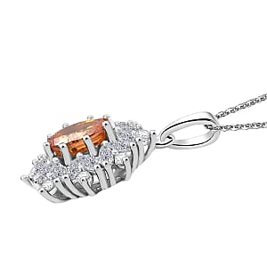 D'Joy Premium Tanzanian Mandarin Garnet and White Zircon 2.00 ctw Bloomfire Pendant Necklace 20 Inches in Rhodium Over Sterling Silver 
