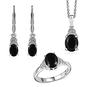EverTrue Thai Black Spinel 6.50 ctw Earrings, Ring (Size 5.0) and Pendant in Platinum Bond with Stainless Steel Necklace 20 Inches