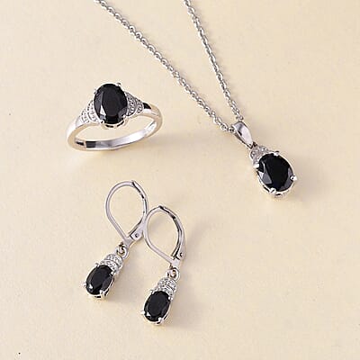 EverTrue Thai Black Spinel 6.50 ctw Earrings, Ring (Size 5.0) and Pendant in Platinum Bond with Stainless Steel Necklace 20 Inches